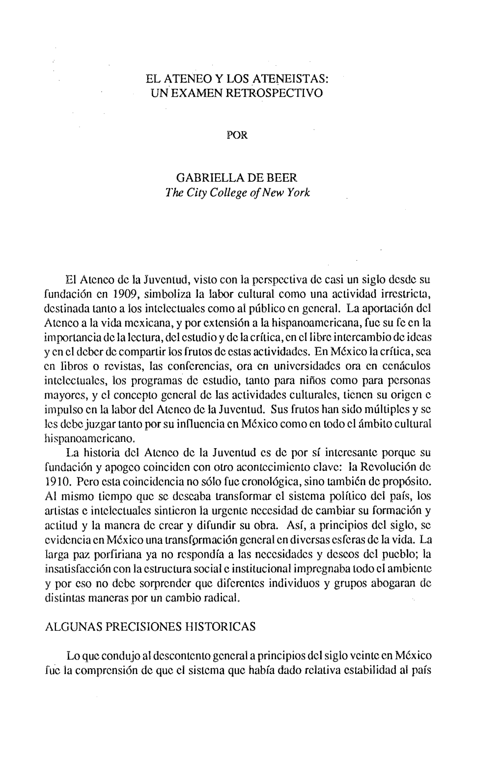 El Ateneo Y Los Ateneistas: Un Examen Retrospectivo