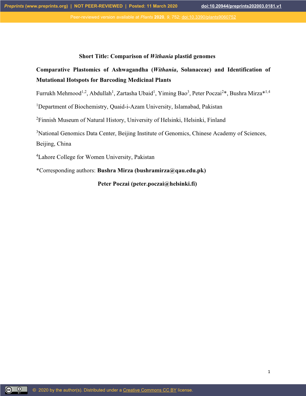 Comparison of Withania Plastid Genomes Comparative Plastomics