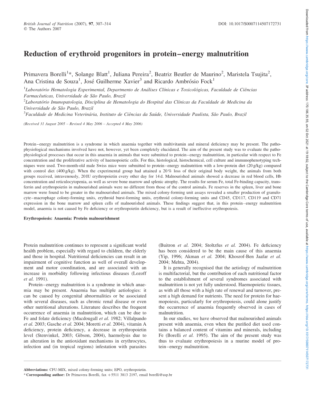 Reduction of Erythroid Progenitors in Protein–Energy Malnutrition