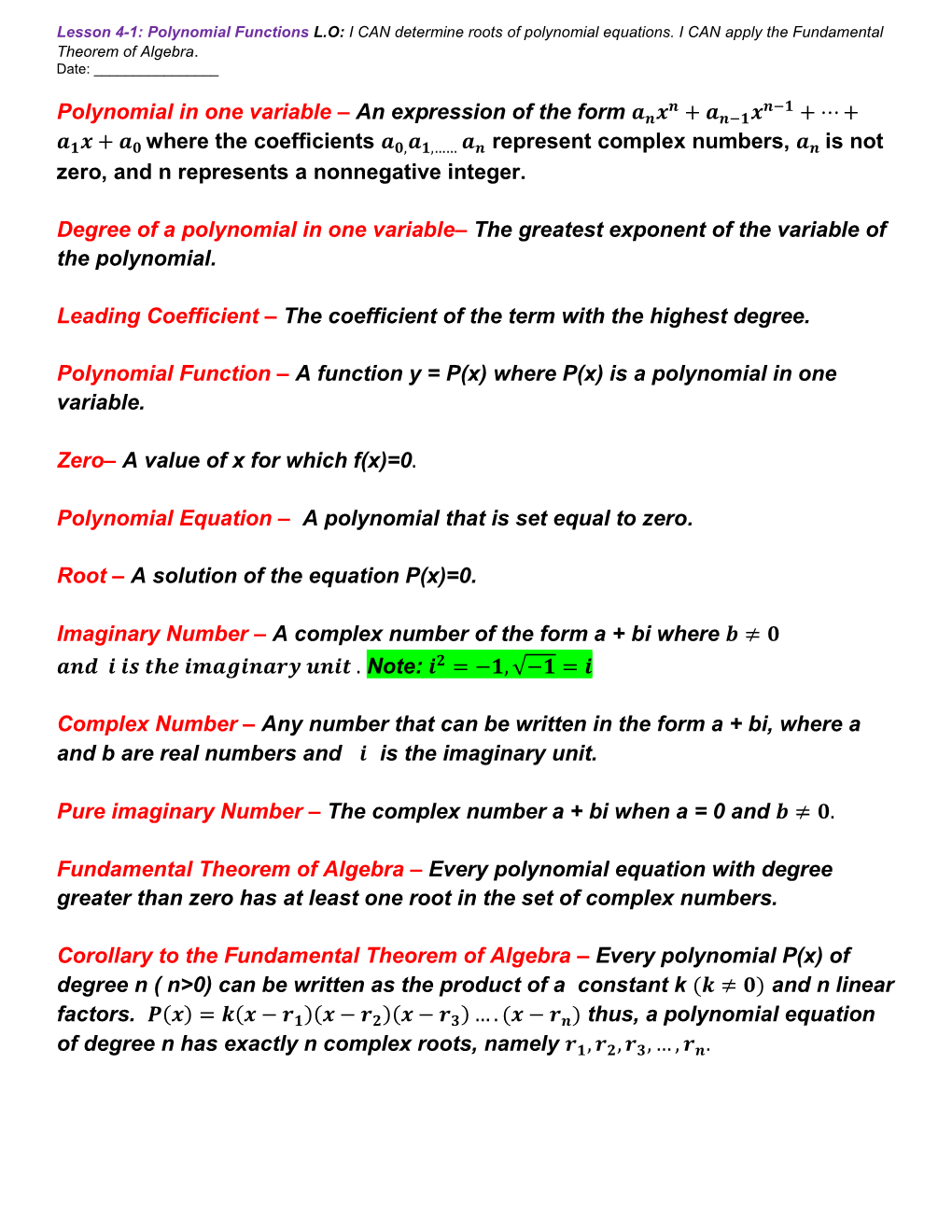 Lesson 4-1 Polynomials