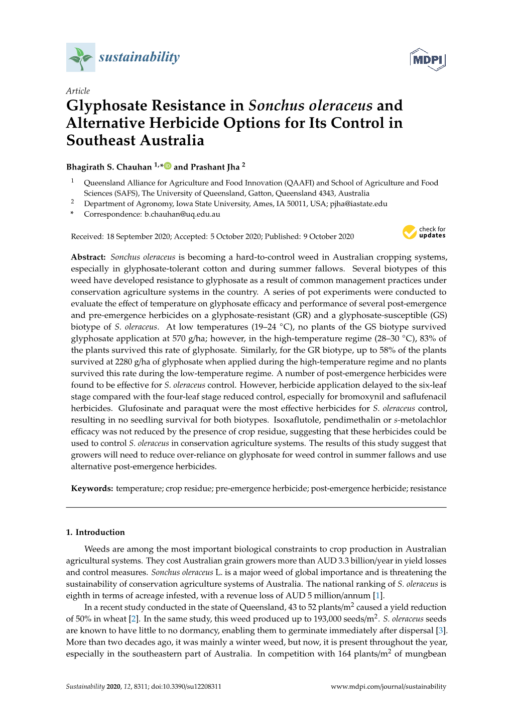 Glyphosate Resistance in Sonchus Oleraceus and Alternative Herbicide Options for Its Control in Southeast Australia