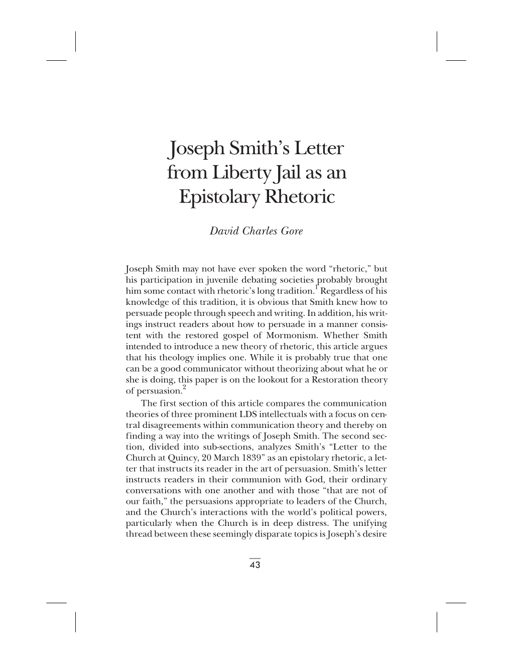 Joseph Smith's Letter from Liberty Jail As an Epistolary Rhetoric