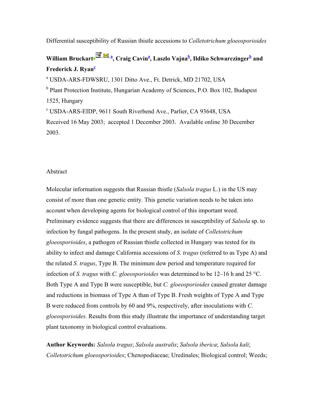 Differential Susceptibility of Russian Thistle Accessions to Colletotrichum Gloeosporioides