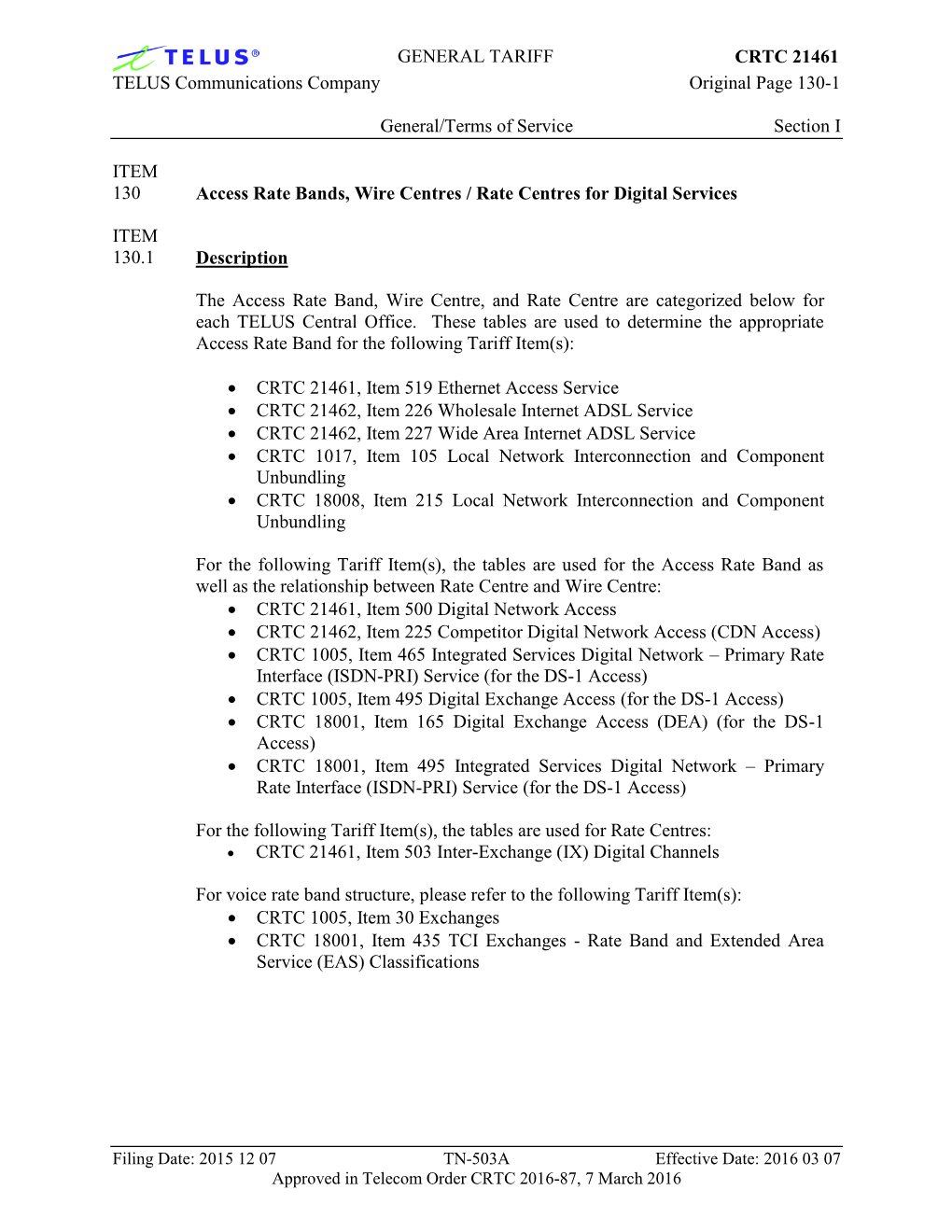 GENERAL TARIFF CRTC 21461 TELUS Communications Company Original Page 130-1