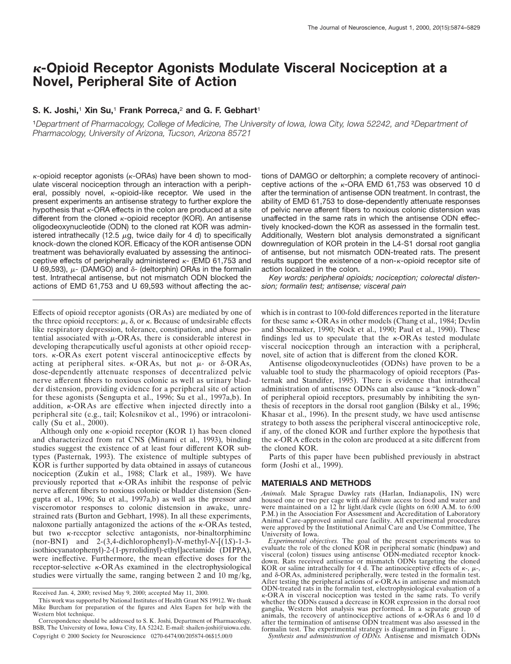 Κ-Opioid Receptor Agonists Modulate Visceral Nociception at a Novel