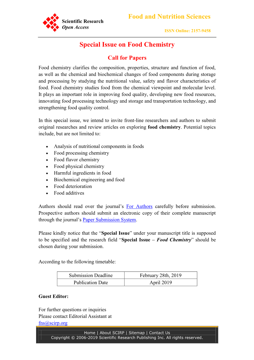 Food and Nutrition Sciences Special Issue on Food Chemistry