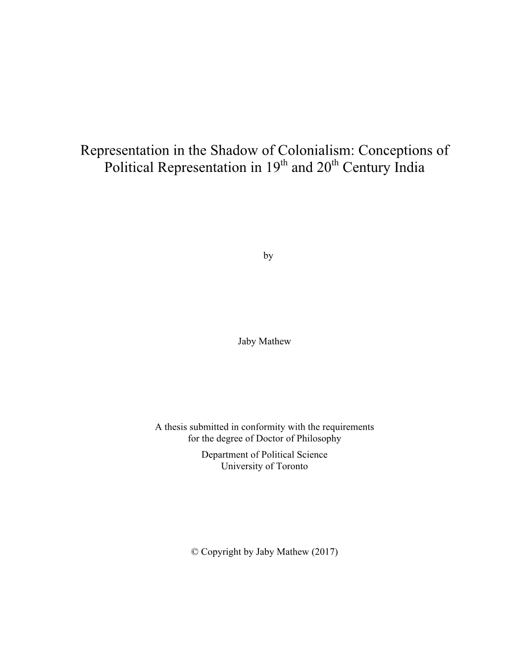 Conceptions of Political Representation in 19Th and 20Th Century India