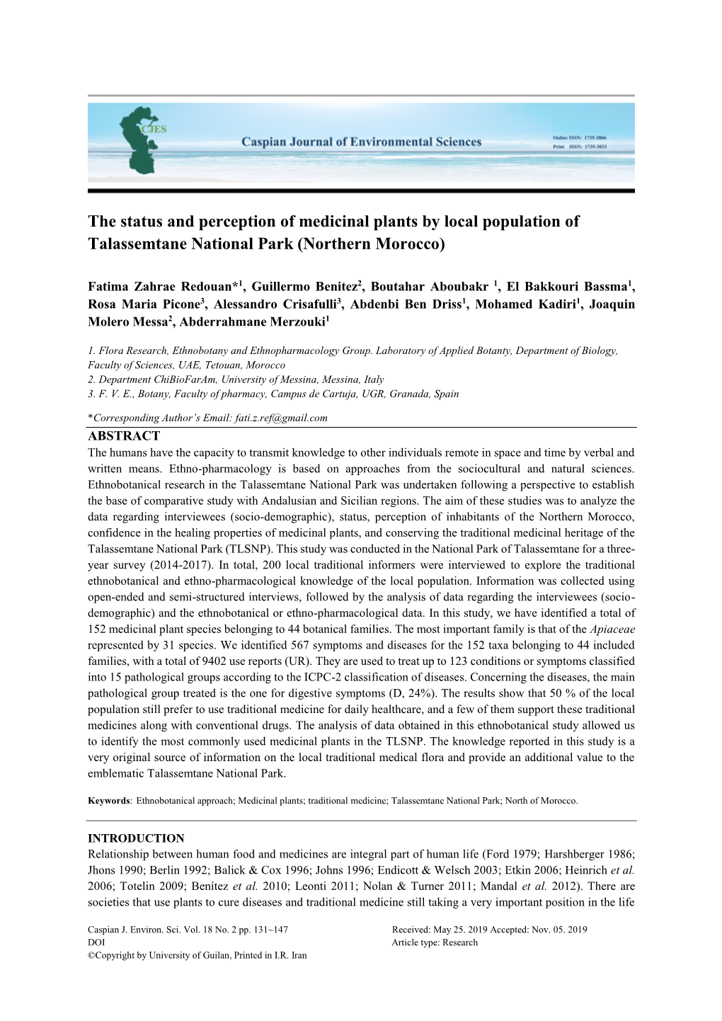 The Status and Perception of Medicinal Plants by Local Population of Talassemtane National Park (Northern Morocco)