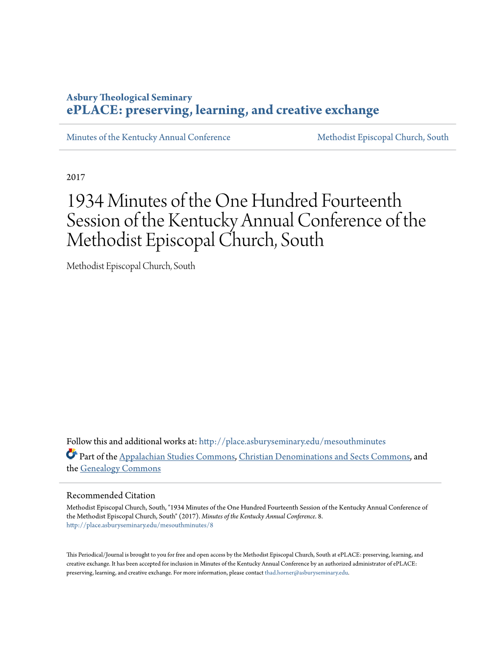 1934 Minutes of the One Hundred Fourteenth Session of the Kentucky Annual Conference of the Methodist Episcopal Church, South Methodist Episcopal Church, South