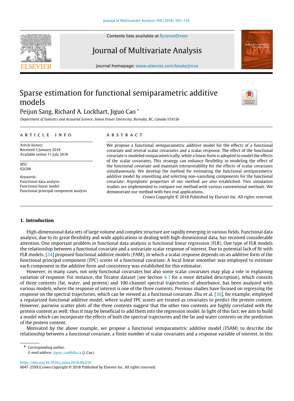 Sparse Estimation for Functional Semiparametric Additive Models Peijun Sang, Richard A