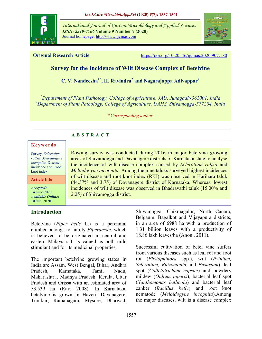 Survey for the Incidence of Wilt Disease Complex of Betelvine