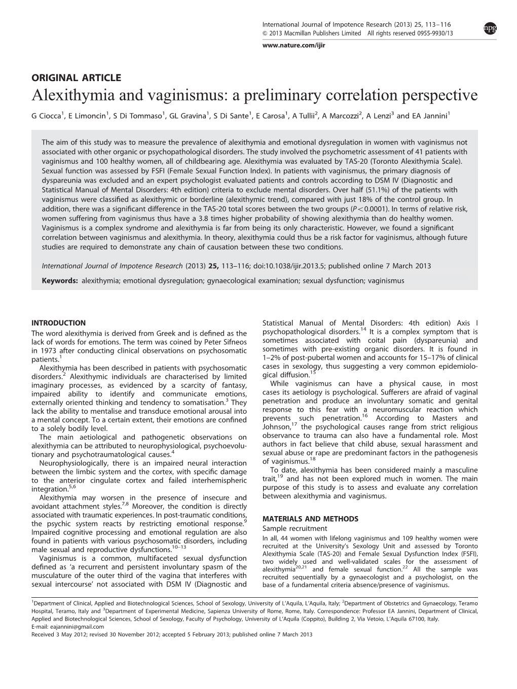 Alexithymia and Vaginismus: a Preliminary Correlation Perspective