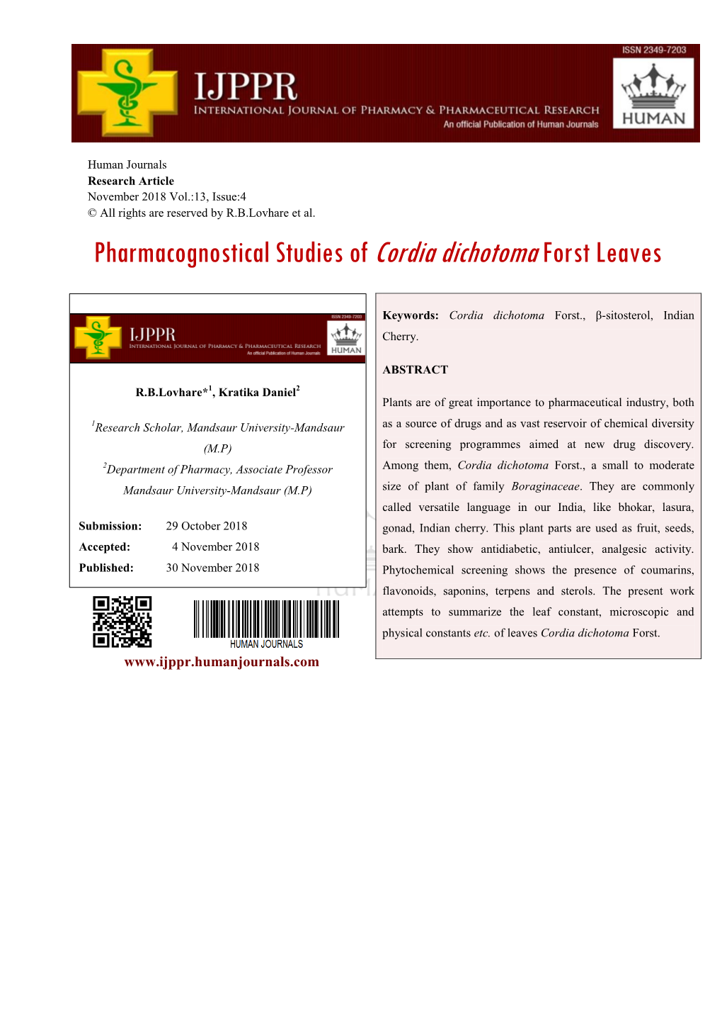 Pharmacognostical Studies of Cordia Dichotomaforst Leaves
