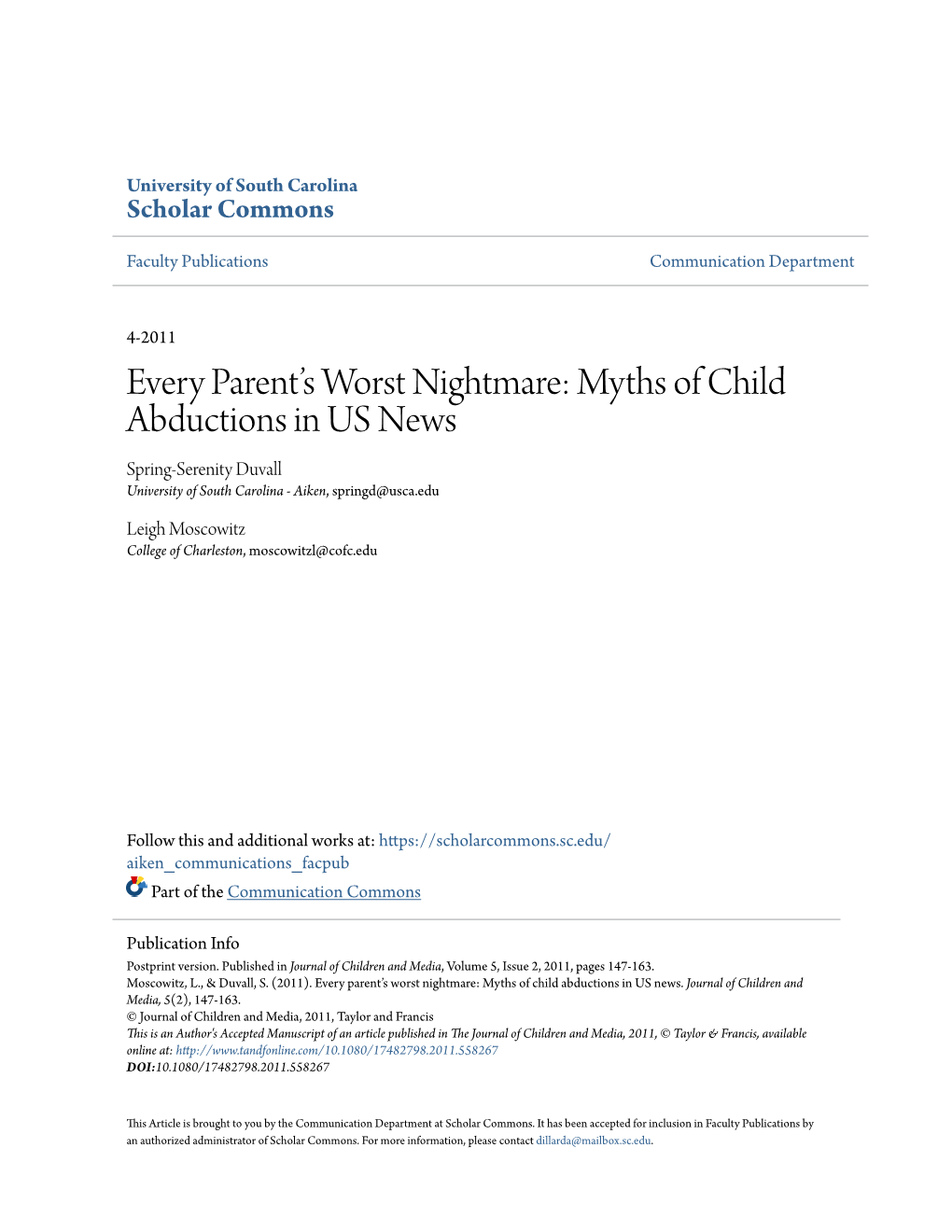 Myths of Child Abductions in US News Spring-Serenity Duvall University of South Carolina - Aiken, Springd@Usca.Edu