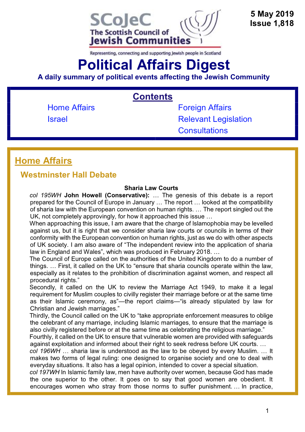 Political Affairs Digest a Daily Summary of Political Events Affecting the Jewish Community