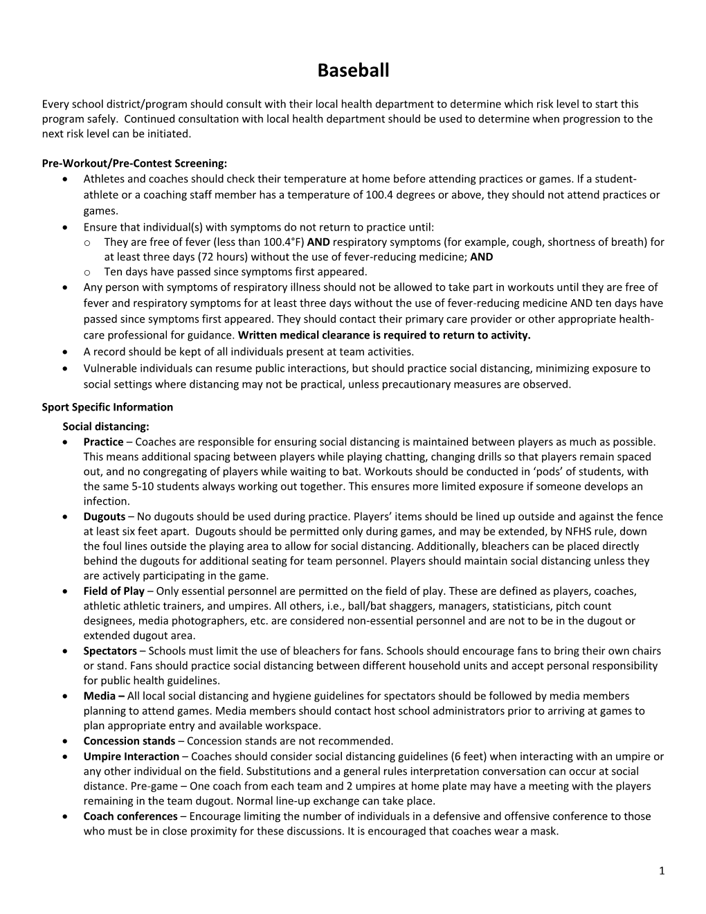 WIAA Sport Specific Guidelines