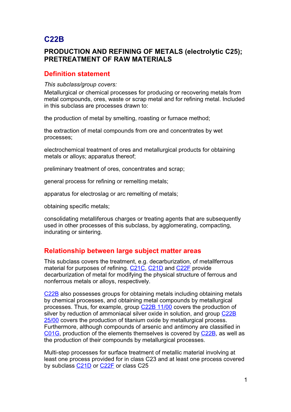 PRODUCTION and REFINING of METALS (Electrolytic C25); PRETREATMENT of RAW MATERIALS