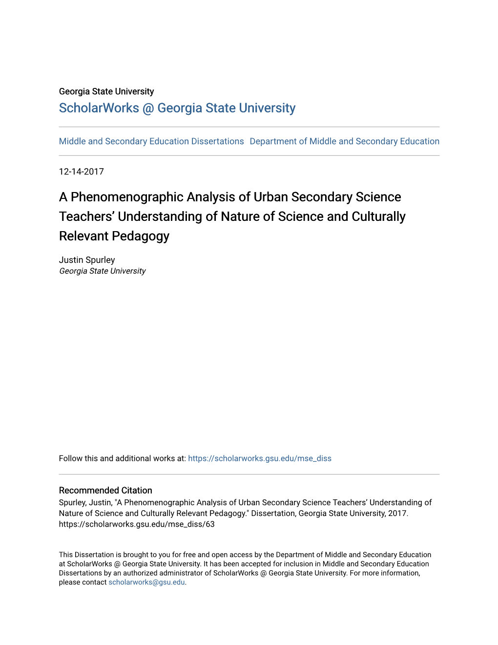 A Phenomenographic Analysis of Urban Secondary Science Teachers’ Understanding of Nature of Science and Culturally Relevant Pedagogy