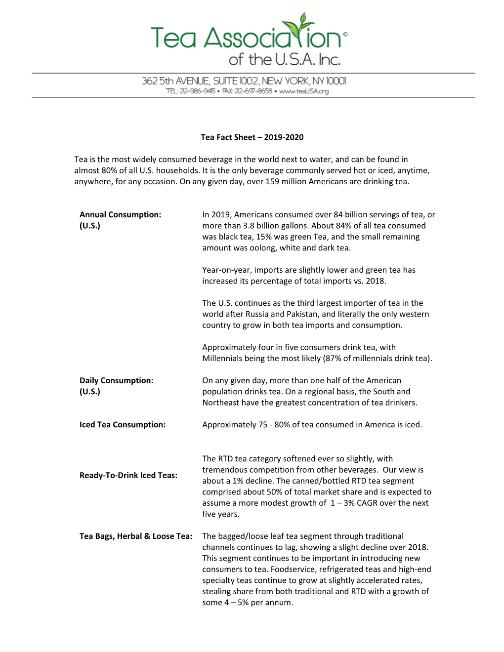 Tea Fact Sheet – 2019-2020 Tea Is the Most Widely Consumed