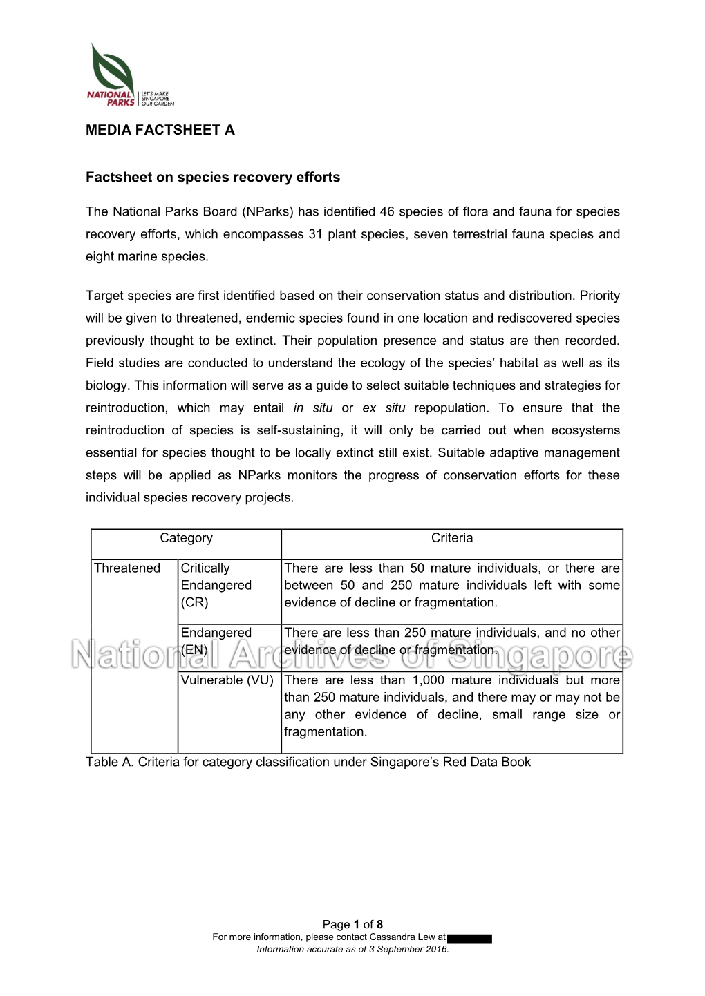 MEDIA FACTSHEET a Factsheet on Species Recovery Efforts