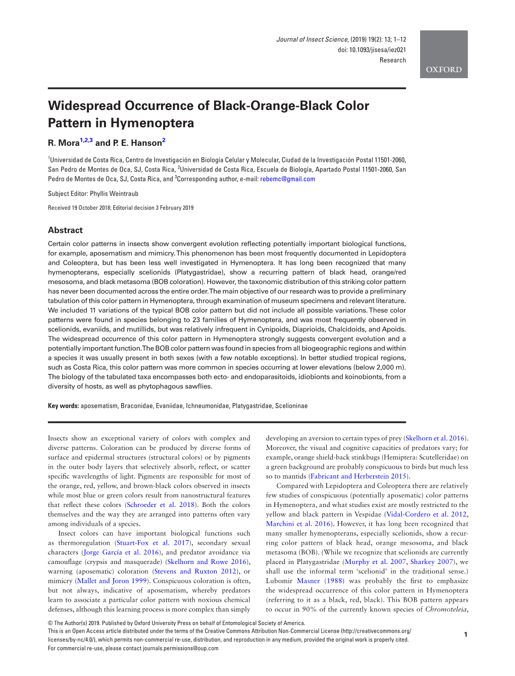 Widespread Occurrence of Black-Orange-Black Color Pattern in Hymenoptera