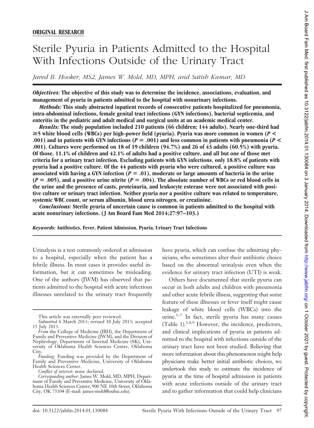 Sterile Pyuria in Patients Admitted to the Hospital with Infections Outside of the Urinary Tract