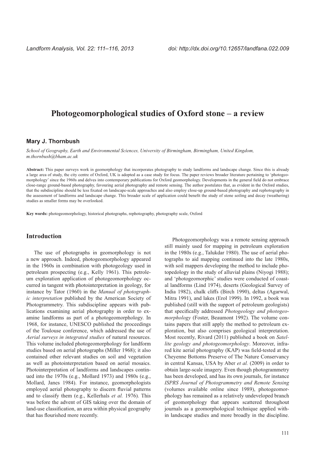 Photogeomorphological Studies of Oxford Stone – a Review