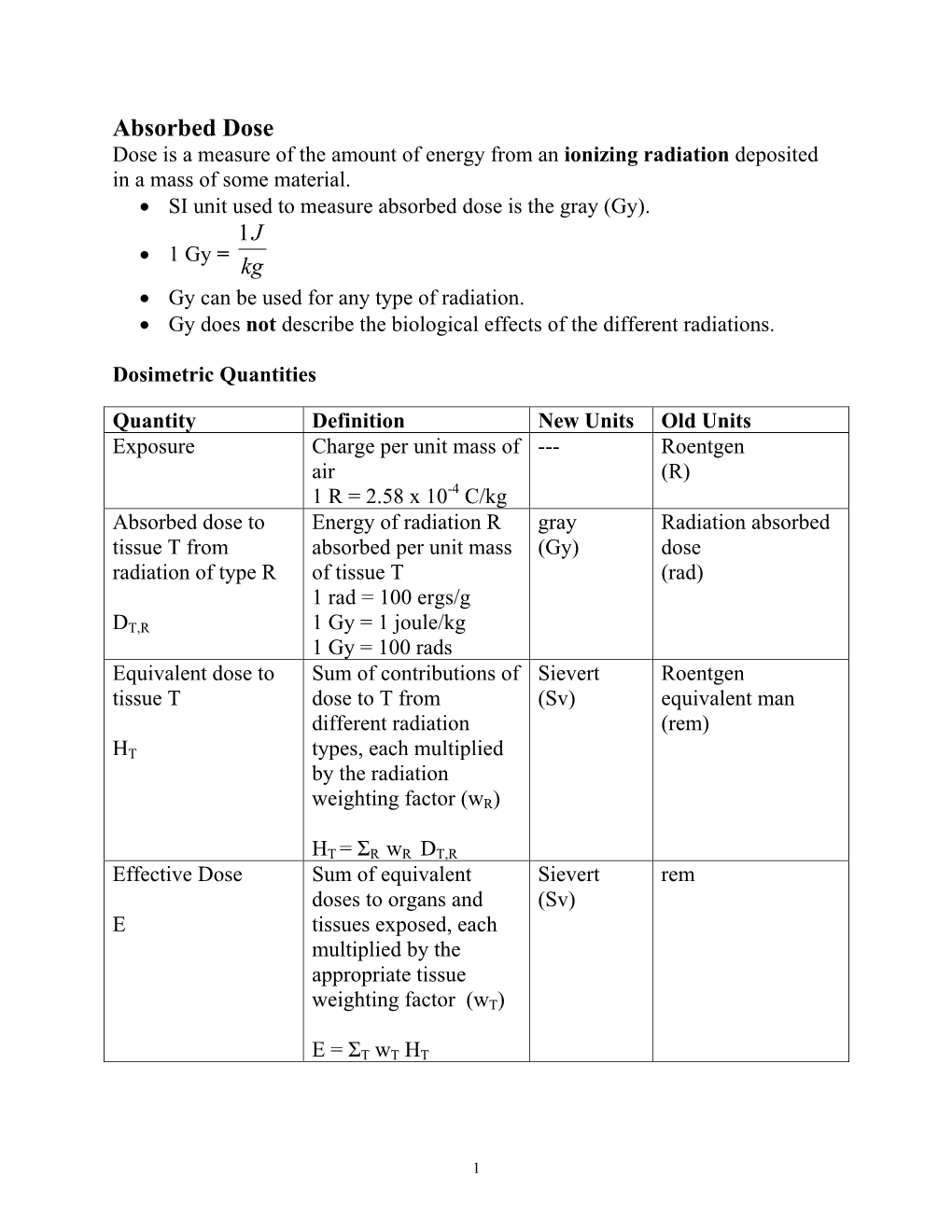 Absorbed Dose Dose Is a Measure of the Amount of Energy from an Ionizing Radiation Deposited in a Mass of Some Material