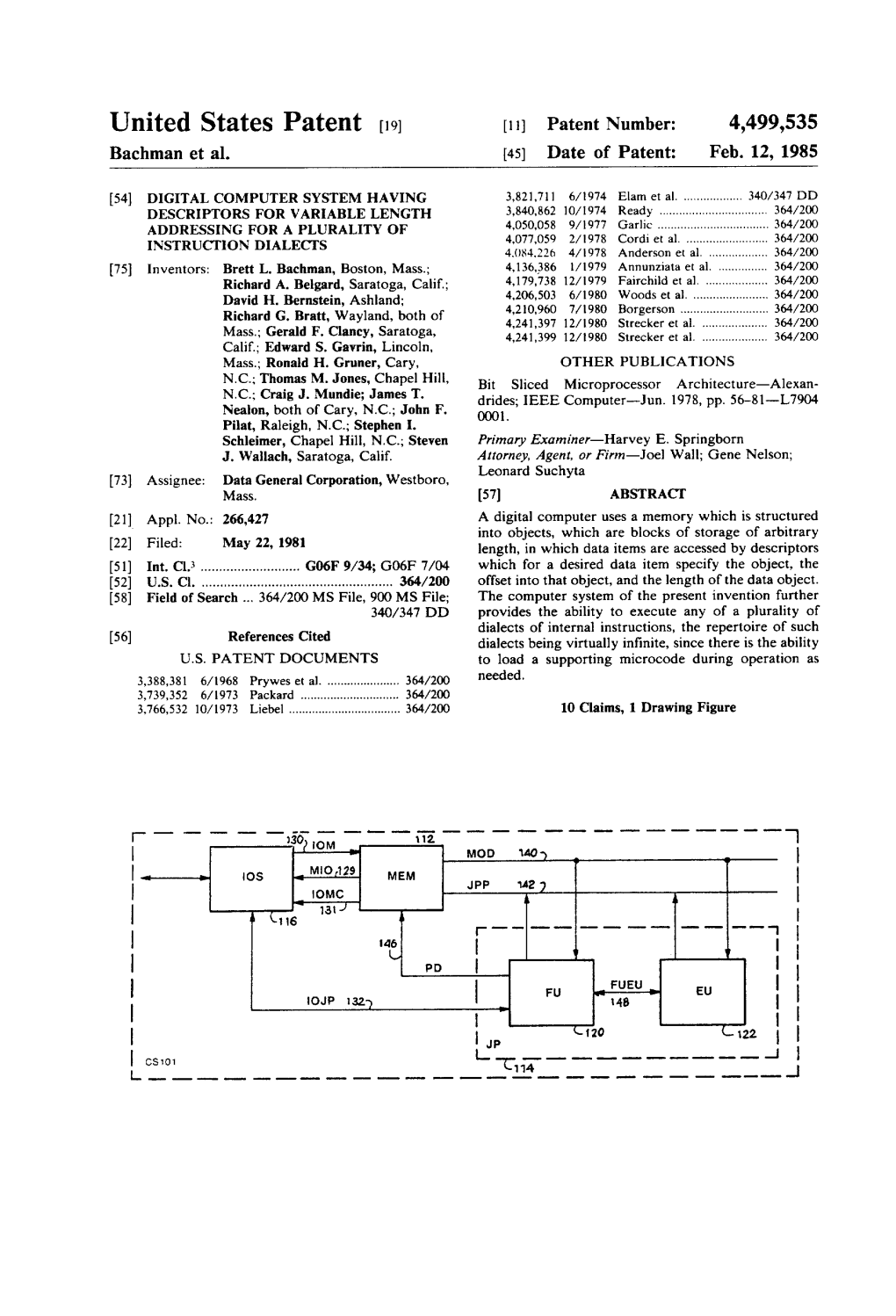 United States Patent (19) 11) Patent Number: 4,499,535 Bachman Et Al