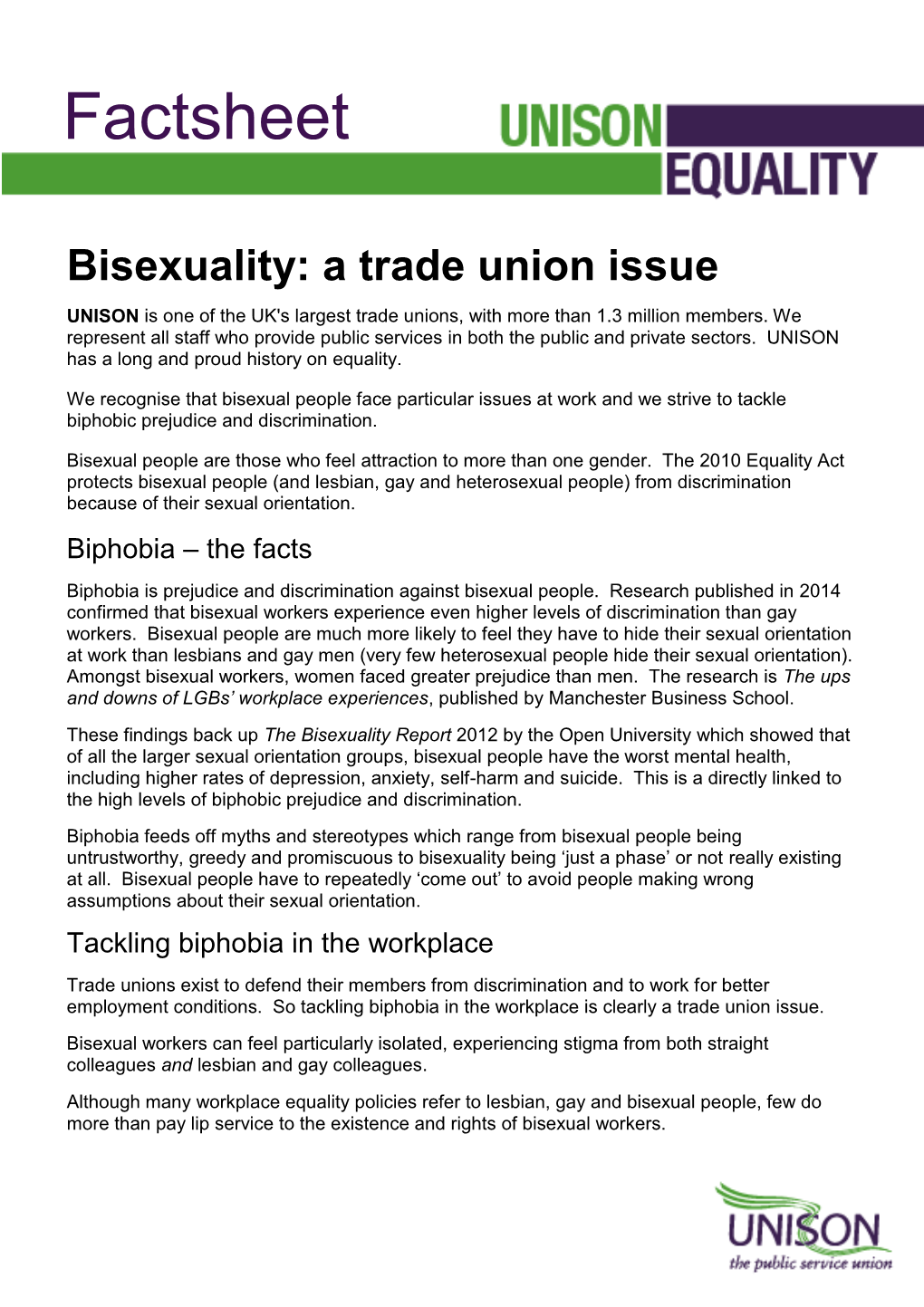 Bisexuality: a Trade Union Issue UNISON Is One of the UK's Largest Trade Unions, with More Than 1.3 Million Members