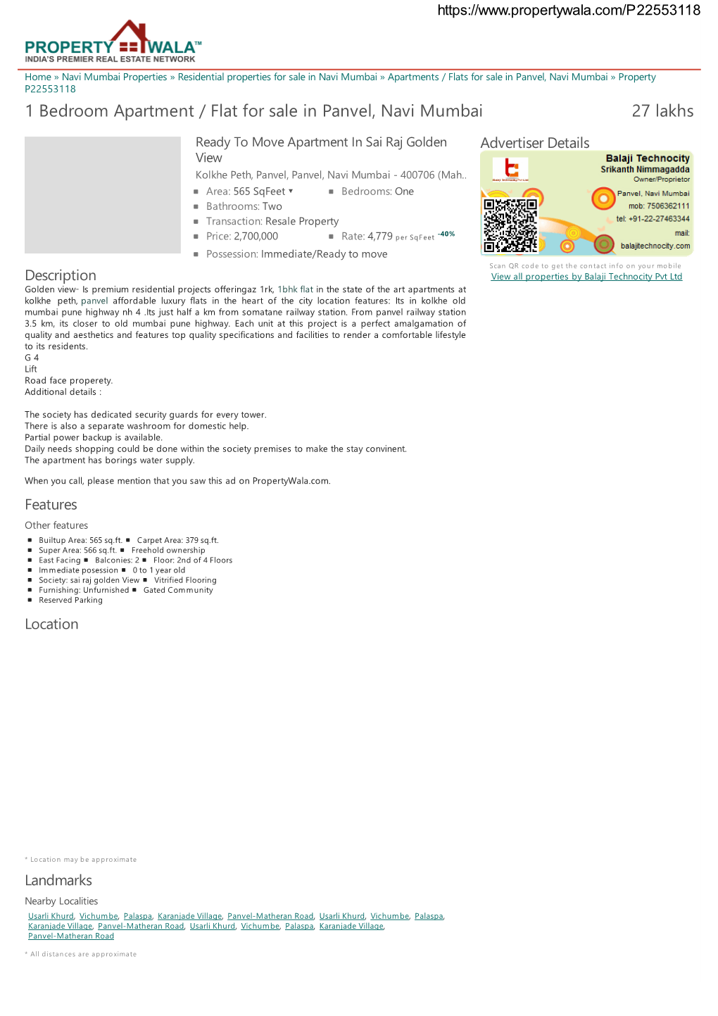 1 Bedroom Apartment / Flat for Sale in Panvel, Navi Mumbai (P22553118
