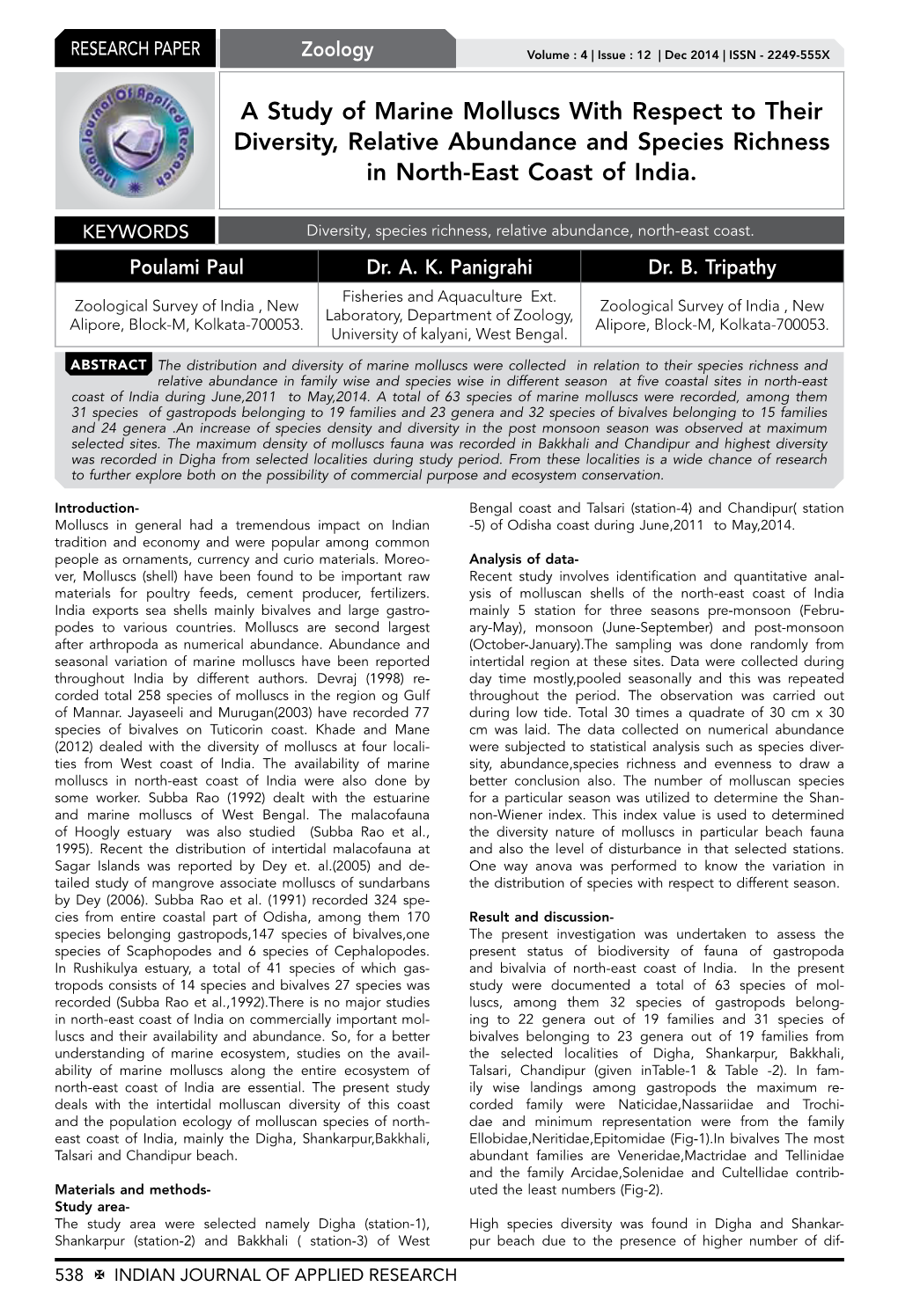 A Study of Marine Molluscs with Respect to Their Diversity, Relative Abundance and Species Richness in North-East Coast of India