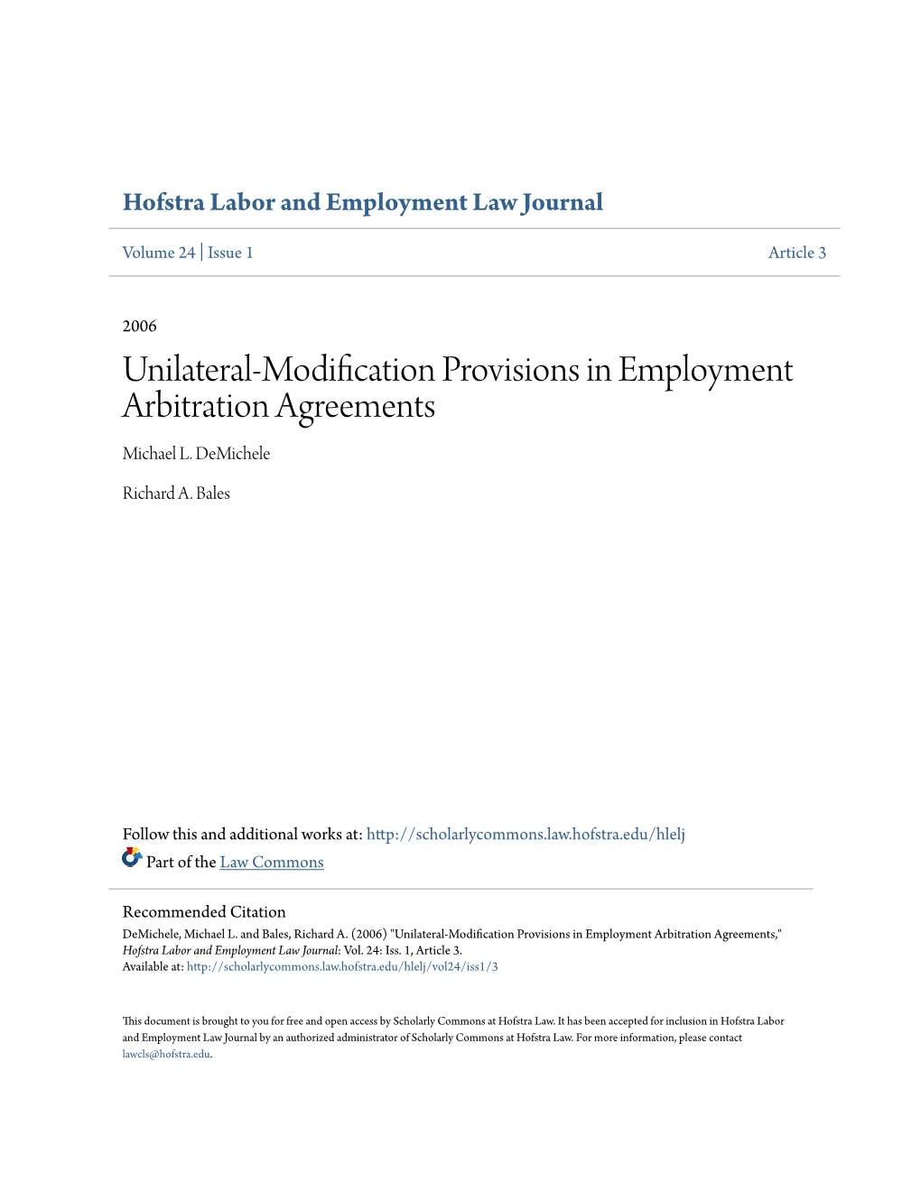 Unilateral-Modification Provisions in Employment Arbitration Agreements Michael L