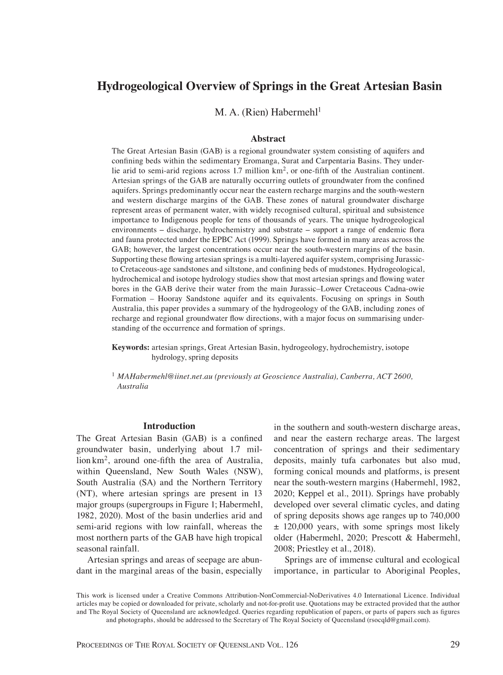 Hydrogeological Overview of Springs in the Great Artesian Basin