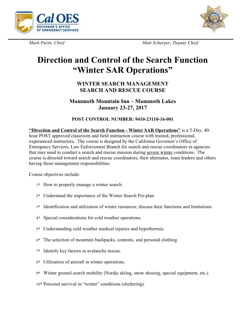 Direction and Control of the Search Function Winter SAR Operations