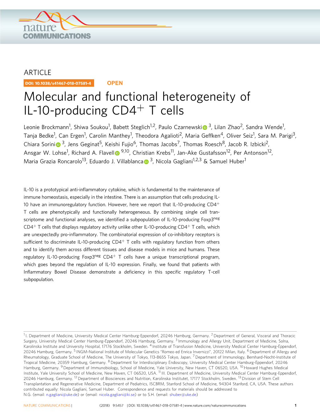 Molecular and Functional Heterogeneity of IL-10-Producing CD4+ T Cells