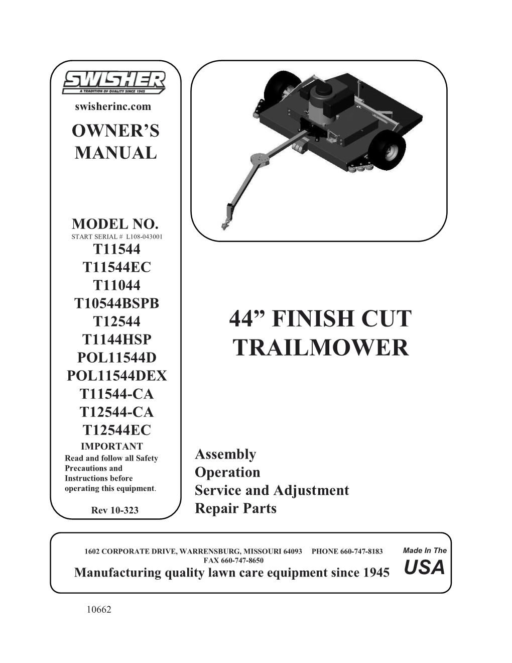 44” Finish Cut Trailmower Owner’S Manual How to Order Repair Parts