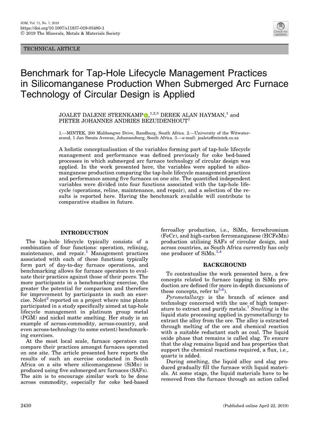 Benchmark for Tap-Hole Lifecycle Management Practices in Silicomanganese Production When Submerged Arc Furnace Technology of Circular Design Is Applied