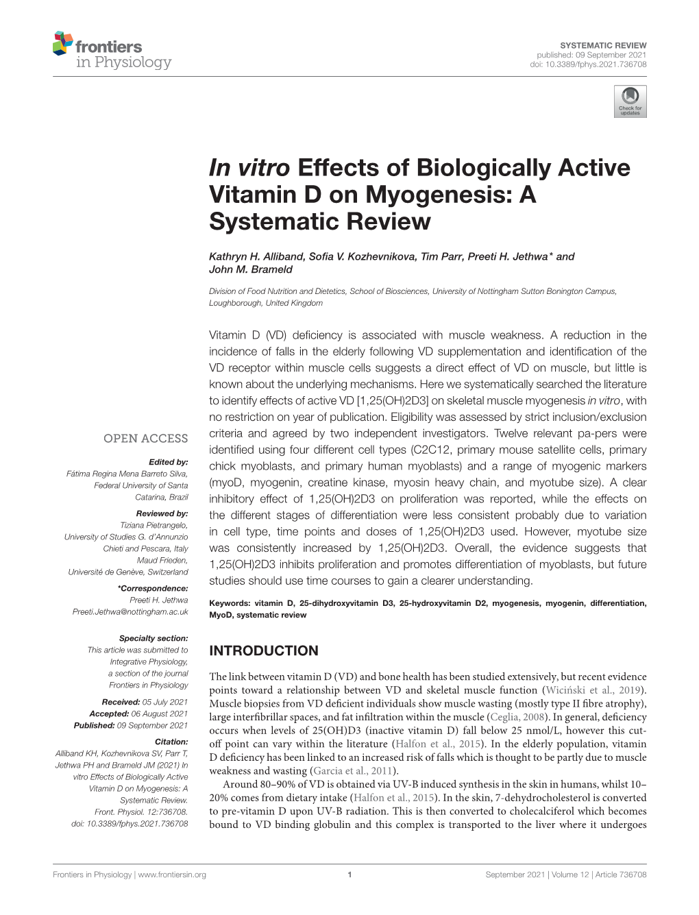 In Vitro Effects of Biologically Active Vitamin D on Myogenesis: a Systematic Review