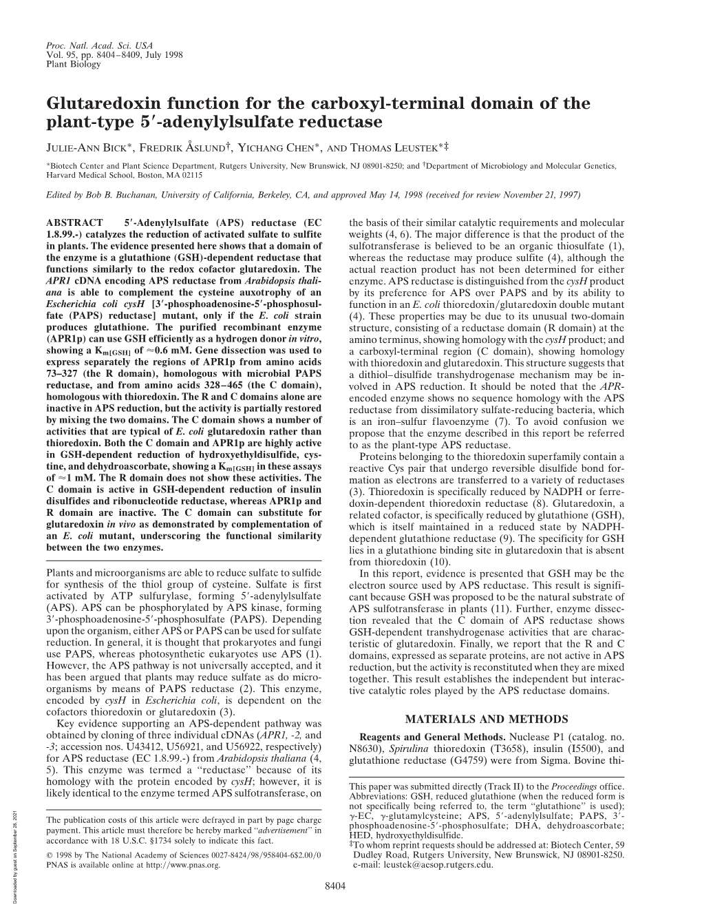 Glutaredoxin Function for the Carboxyl-Terminal Domain of the Plant-Type 5؅-Adenylylsulfate Reductase