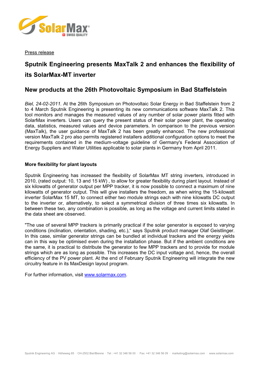 Sputnik Engineering Presents Maxtalk 2 and Enhances the Flexibility of Its Solarmax-MT Inverter