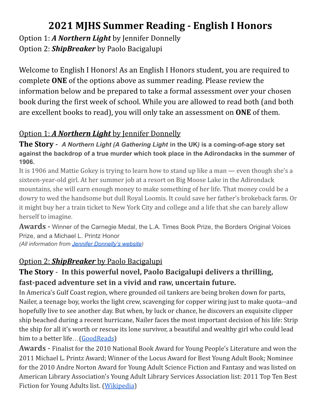 2021 MJHS Summer Reading - English I Honors Option 1: a Northern Light by Jennifer Donnelly Option 2: Shipbreaker by Paolo Bacigalupi