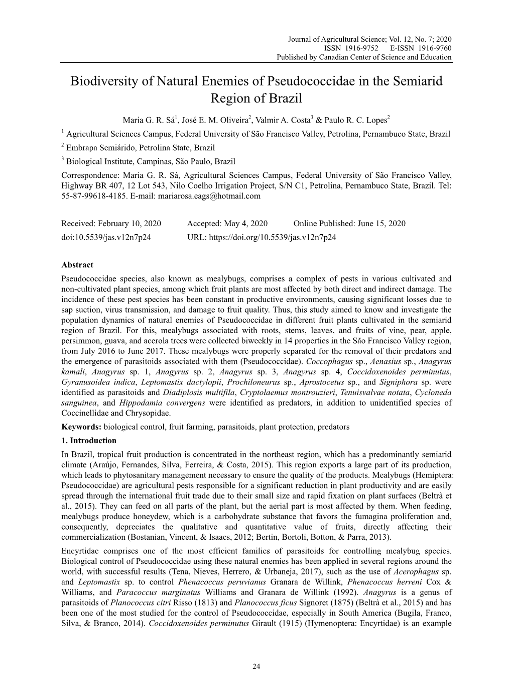 Biodiversity of Natural Enemies of Pseudococcidae in the Semiarid Region of Brazil