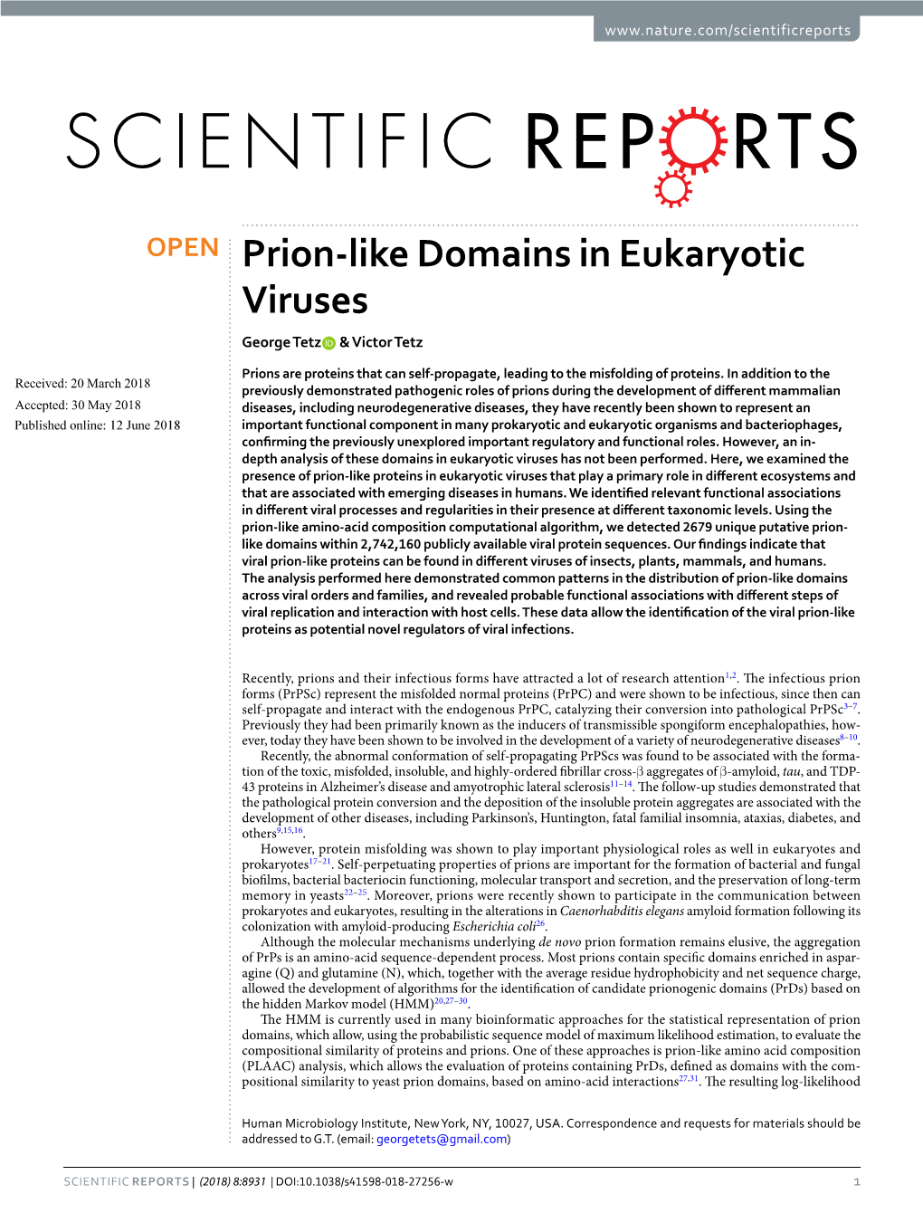 Prion-Like Domains in Eukaryotic Viruses George Tetz & Victor Tetz