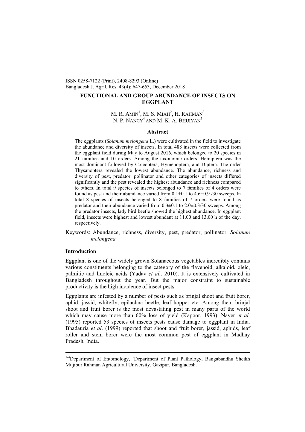 Functional and Group Abundance of Insects on Eggplant Mr Amin