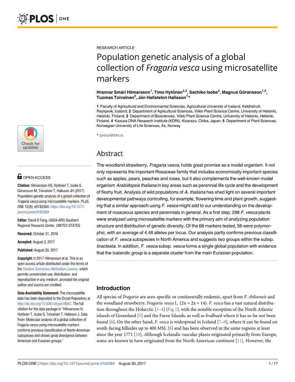 Population Genetic Analysis of a Global Collection of Fragaria Vesca Using Microsatellite Markers