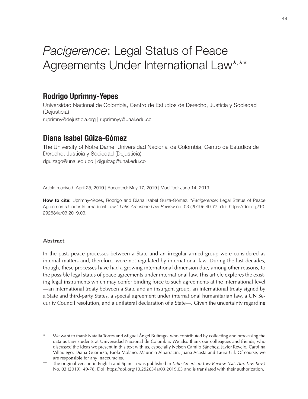Pacigerence: Legal Status of Peace Agreements Under International Law*,**