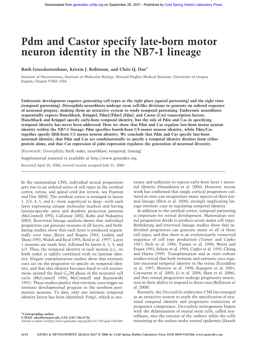 Pdm and Castor Specify Late-Born Motor Neuron Identity in the NB7-1 Lineage