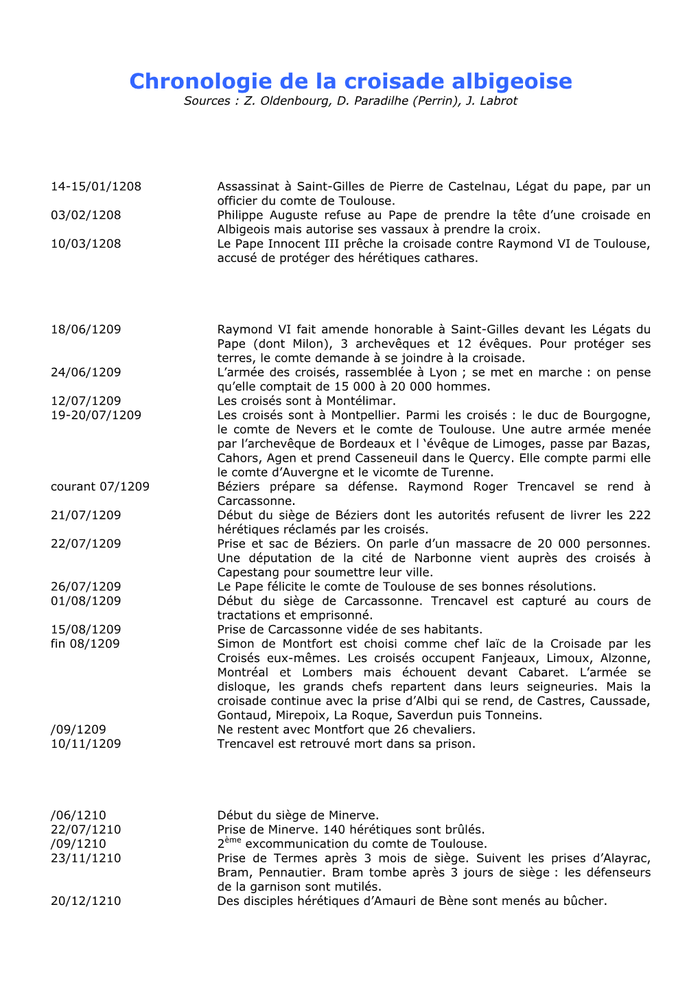 Chronologie De La Croisade Albigeoise Sources : Z