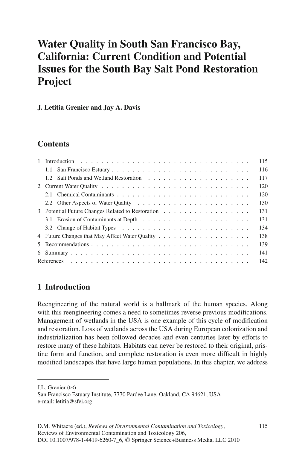 Water Quality in South San Francisco Bay, California: Current Condition and Potential Issues for the South Bay Salt Pond Restoration Project